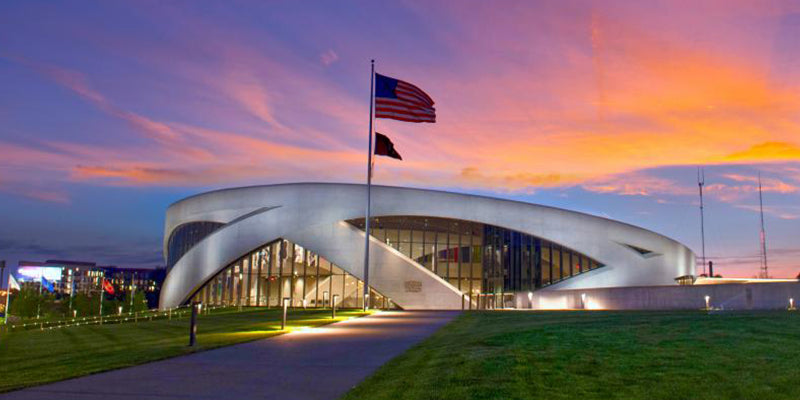 The National Veterans Memorial and Museum building at sunset